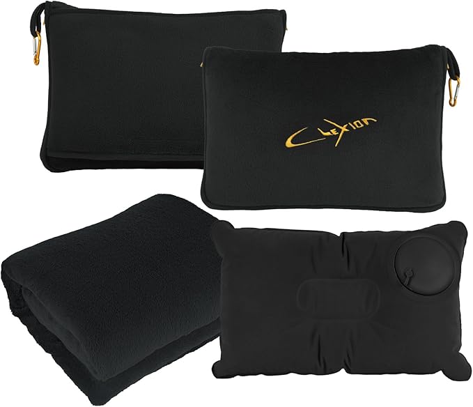 Airplane Travel Blanket with Pillow,300 GSM Soft Fleece Compact Blanket with Carry Bag,Lightweight Travel Blanket for Flights,Black by CLEXION