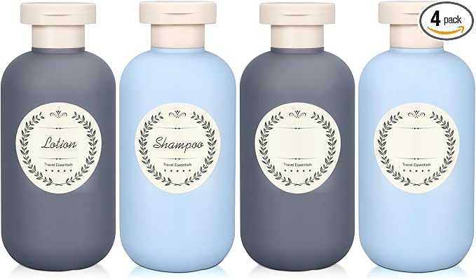 METAPACK 4Pack 6.8oz Travel Shampoo Bottles with Labels, Refillable Travel Bottles, Flip Top Squeeze Bottles, Portable Plastic Toiletry Containers for Lotion, Conditioner & Body Wash(grey, blue) by METAPACK