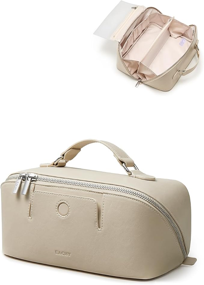 EACHY Travel Makeup Bag for Women, Provence Cosmetic Bag, Beige, Medium | Provence-style organizer with TPU brush holder, extra pockets and wipe-clean exterior for makeup and travel essentials by EACHY
