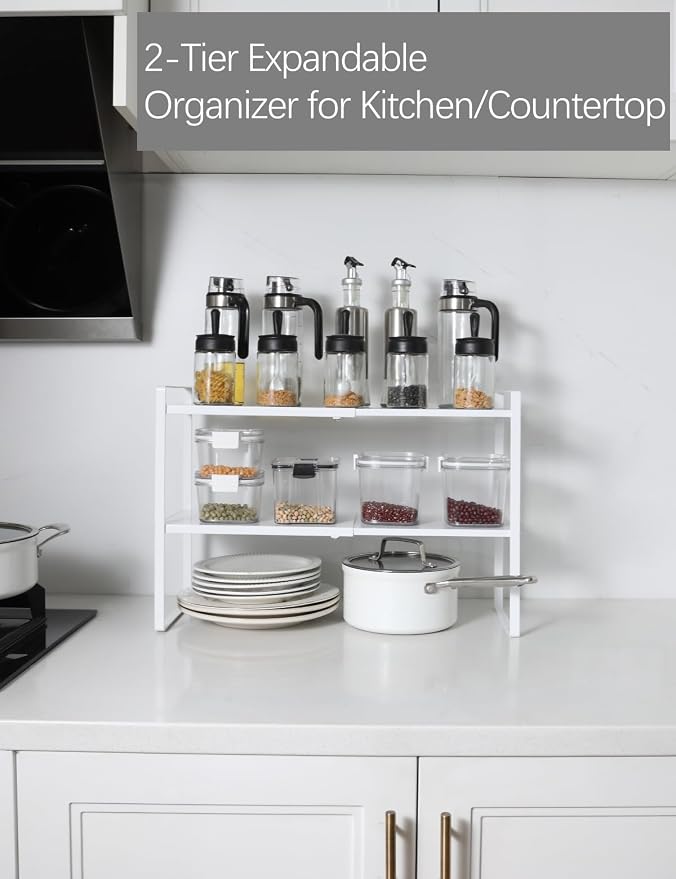 2-Tier Expandable Organizer Shelf for Kitchen Cabinet, Countertop, Pantry & Under-Sink Storage(white) - Image 3