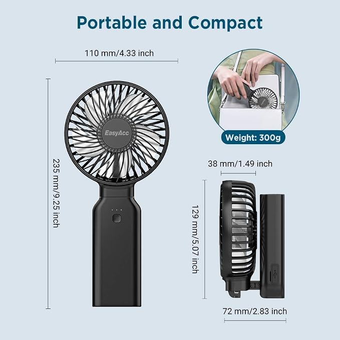 EasyAcc Portable Travel Fan [Max 53H Cooling Time] 9000mAh Rechargeable Battery Powered Handheld Fan with Power Bank 4 Speeds Powerful Personal Desk Electric for Travel Outdoor Office - Image 3