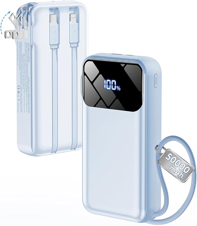 Portable Charger 50000mAh, Power Bank with Built-in Cables & Wall Plug | Fast-Charging, Ultra-High-Capacity Battery Pack for Travel Essential, for iPhone, Samsung, Google Pixel, and iPad-Sky Blue by LHUOED