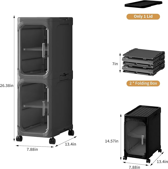 2-Tier Narrow Slim Bathroom Storage Cabinet with Wheels, Black | Tool Free Assembly, Adjustable Shelves, Fits for Narrow Spaces, Reinforced Stability, Magnetic Clear Door - Image 2