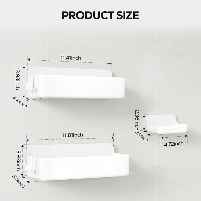 Nieifi Adhesive Shower Shelves, White, 3 Pieces | Rustproof ABS, Large Capacity, Removable Design, Easy-Clean, No Drilling Shower Organizer for Bathroom Storage & Home Decor - Image 2