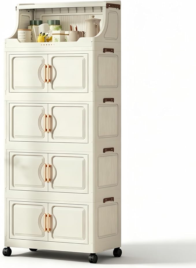 217QT Stackable Storage Bins with Lids & Rack, 5 Tier Large Capacity Foldable Storage Cabinet, Clear Collapsible Pantry Organizer for Home, Kitchen, Bathroom, Dorm, Office, White by FoldTrend