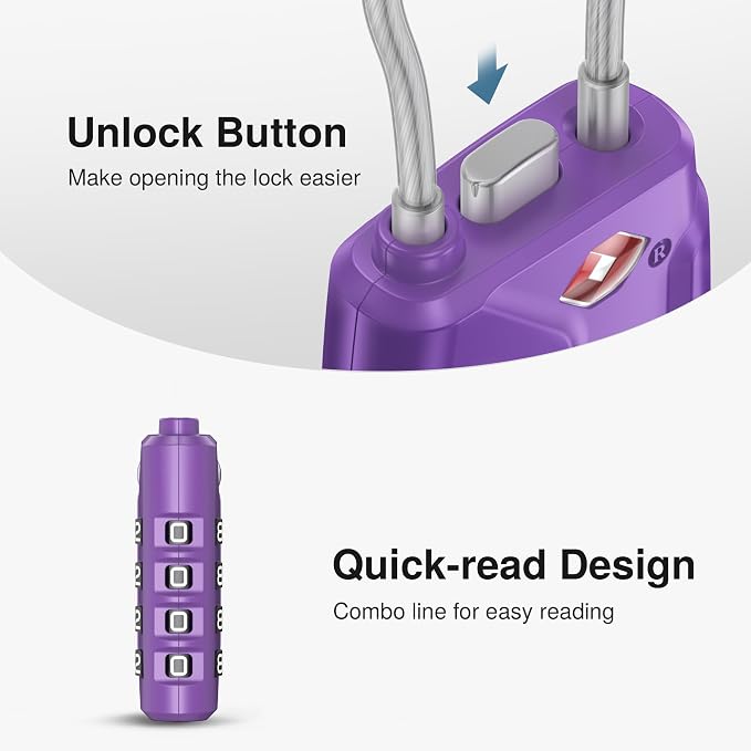 Puroma 2 TSA Approved Luggage Locks 4 Digit Code Cable Lock Purple Dark | Resettable, Flexible Cable, Zipper holes, Zinc Alloy, Bright Color, Large White Numbers, Suitcase Train Travel, laptop bag - Image 4