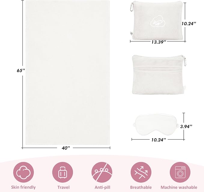 Travel Blanket, Airplane Blanket, Ultra-Soft, Warm & Lightweight, 65x40 in, Outdoor Blanket Essentials for Women, Men & Kids, Included Eye Mask, Luggage Sleeve & Backpack Clip Regular Cream - Image 6