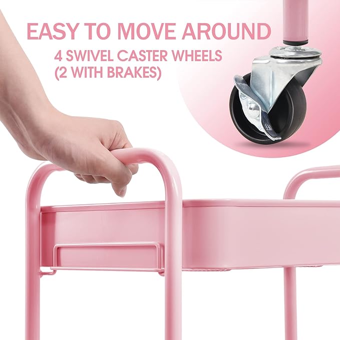 TOOLF 3 Tier Metal Rolling Cart, Utility Storage Cart with Wheels, Pink | Screwless Assembly, Lockable Metal Wheels, Trolley Organizer for Bathroom, Kitchen, Office, Dorm, Laundry, Craft Room - Image 4