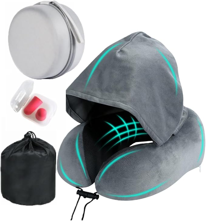 Travel Neck Pillow with Extra Large Hood Rollable Airplane Hooded Neck Pillow with Memory Foam Filling and Removable, Skin-Friendly Cover with Carrying Case & Pouch (Velvet) by ILYISFMTY