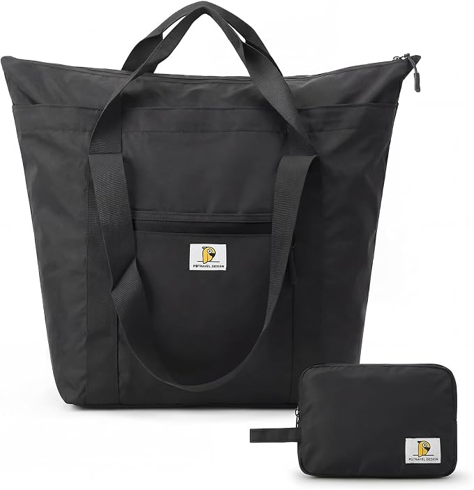 Foldable Travel Bag, 26L Duffle Bag for Travel, Expandable Second Carry-On Bag for Travel & Shopping, Water-Resistant Personal Item Bag, Black by BBCREATFASHION