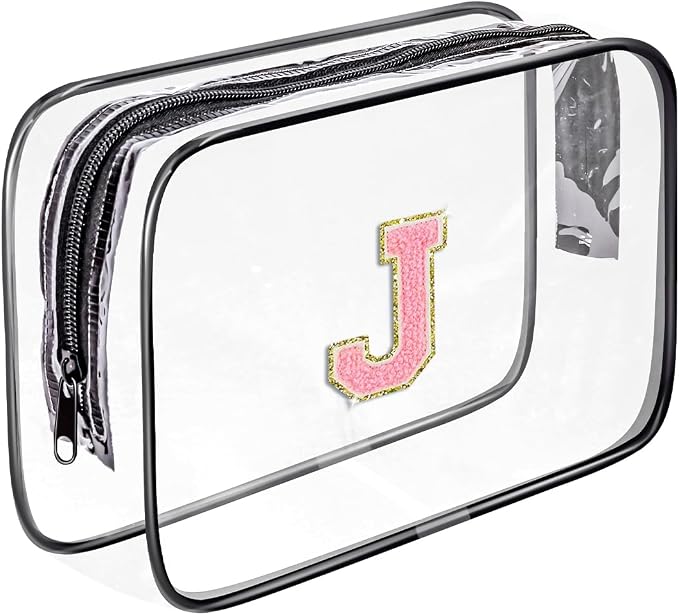 Clear Toiletry Bag,Portable Travel Toiletry Bag,Chenille Letter Cosmetic Bag with Zipper,Waterproof Makeup Bag,Cosmetic Storage Organizer for Women Men,Travel Essentials (Black,J) by Fodofodo
