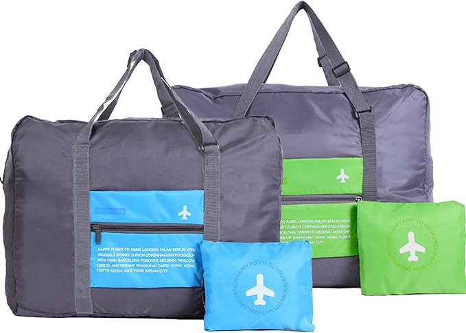 Travel Bag 2PCS Spirit Airlines Personal Item Bag 18x14x8 Foldable Travel Duffel Bag Tote Carry on Luggage Duffle Overnight for Women and Men(Green+Blue) by INVODA