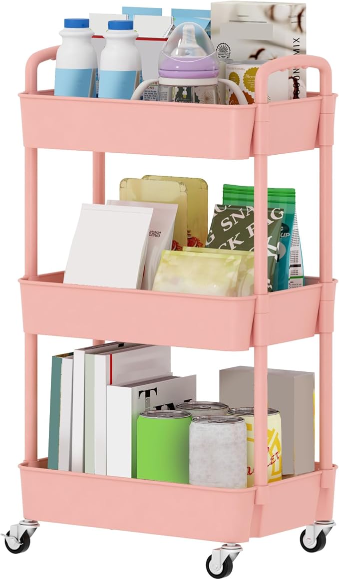 Sywhitta 3-Tier Plastic Rolling Utility Cart with Wheels for Storage, Pink | Multi-Functional Storage Trolley, for Office, Living Room, Kitchen, Bathroom,Movable Organizer,Space-Saving,Easy to assemble by haseverythingyouneed