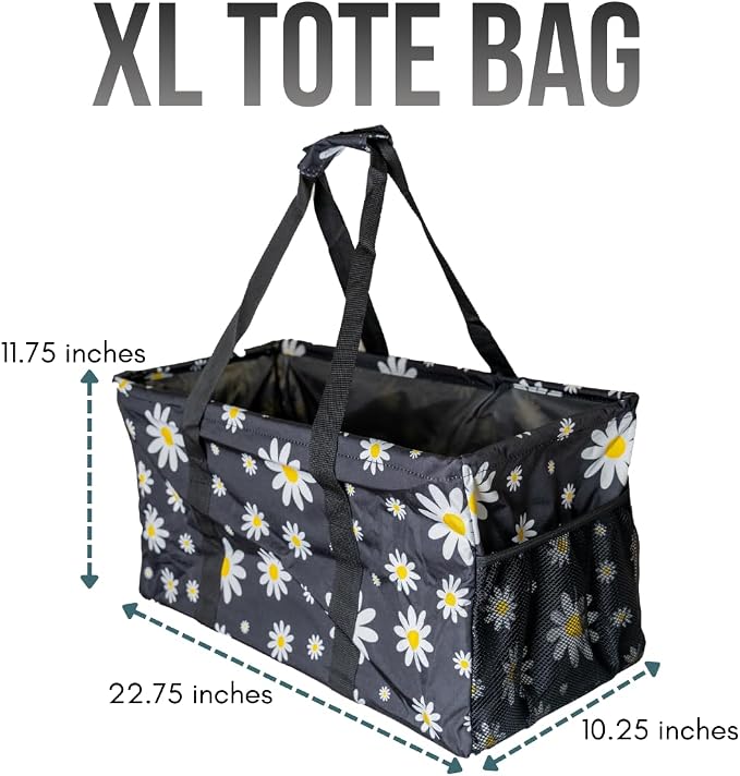 Extra Large Utility Tote Bag - Oversized Collapsible Reusable Wire Frame Rectangular Canvas Basket With Two Exterior Pockets For Beach, Pool, Laundry, Car Trunk, Storage - Black Daisy - Image 4