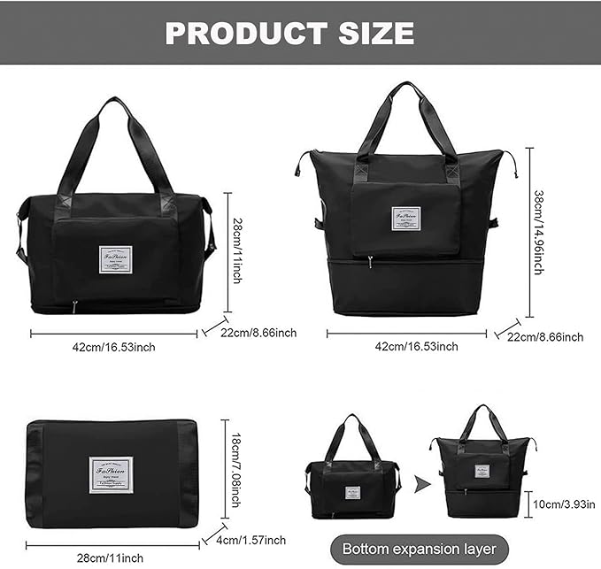 Large Capacity Folding Travel Bag, Lightweight Waterproof Luggage Bag, Expandable Travel Duffel Bag, Dry Wet Separated Gym Tote Bag, Weekender Overnight Bag for Women and Man (Black) - Image 3