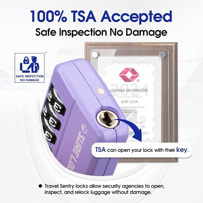 SURE LOCK TSA-Approved 4-Digit Resettable Combination Luggage Lock with Open Alert, Easy-Read Dials - for Luggage, School Lockers, Gym, Office, Toolbox & Security Cases (Purple 2 Pack) - Image 2