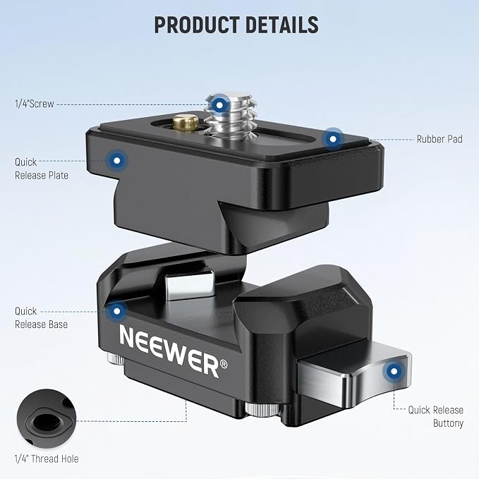 NEEWER Action Camera Quick Release Plate Compatible with Insta 360 x4 x5, Aluminum Tripod Mount QR Adapter Accessories Kit with 1/4" Thread Hole for Filmmaking Video Recording, CA139 - Image 4