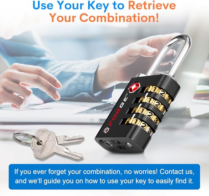 Forge Dual-Opening: Key or Combination Access Lock, Use Key to Recover Code If Forgotten, TSA Approved Locks for Luggage, Pelican case, Travel, Gym, School, Stainless Steel Shackle. (Black 2 Pk) - Image 5