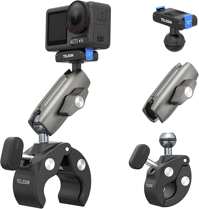 TELESIN Super Clamp Mount | Bike Mount for DJI Osmo Pocket 4 3 /DJI Osmo Action 6/Action 5 Pro/Action 4| Dual-Lock Magnetic Clips | 360°Rotation Ball Head | Fits 9-38mm Handlebar for Bike/Motorcycle by telesin