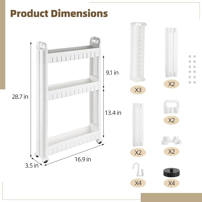 3 Tiers Slim Rolling Storage Cart, 3.5 Inches Slim Slide Out Bathroom Organizer Cart, Tiered Storage Rack with Wheels, Narrow Mobile Utility Cart for Laundry Room, Kitchen, Office, Sturdy Room - Image 4