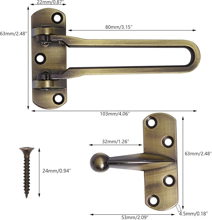 Topbuti Home Security Door Lock, 2 Pack Latch Guard Clasp Front Door Locks for Kids, Home Reinforcement Lock for Swing-in Doors, Hotel Door Latches, Thicken Solid Aluminium Alloy (Antique Brass) - Image 2