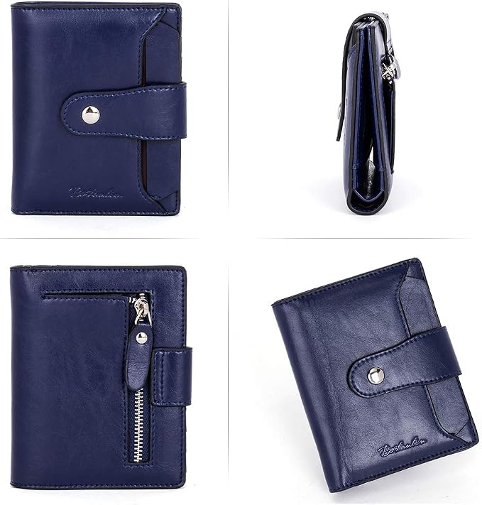 BOSTANTEN Leather Womens Wallet Small RFID Blocking Credit Card Holder | Removable ID Window, Zipper Coin Pocket, Bifold, Minimalist, Fits Small Purses, Daily Use, Ladies Gifts, Navy Blue - Image 3