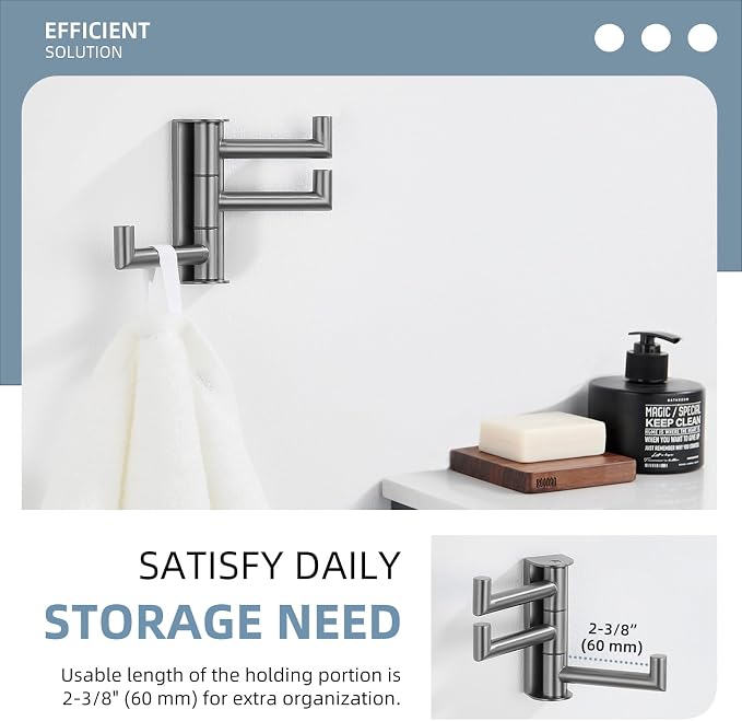 Angle Simple Swivel Hook 3 Arms, Towel Hook for Bathroom, Gunmetal Gray | SUS304 Stainless Steel, Foldable Hand Towel Holder, Compact & Heavy Duty for Shower Closet Kitchen, Screws Wall Mount - Image 4