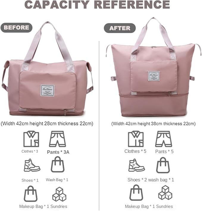 Large Capacity Travel Bag, Foldable Travel Bag, Expandable Duffel Bag, Collapsible Waterproof Large Capacity Handbag, Overnight Bags for Women and Man (Pink+Toiletry Bag) - Image 8
