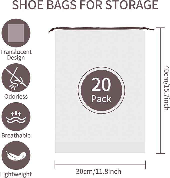 20 Pack Shoe Bags - 15.7" x 11.8" Clear Large Waterproof Portable Drawstring Shoe Storage Bags for Packing Travel Essentials - Image 2