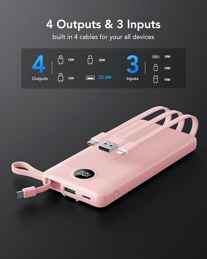 VRURC 22.5W 10000mAh Fast Charging Power Bank Built‑in 4 Cables | Portable Charger Slim,Travel Battery Pack for iPhone, Samsung & Multi Devices, Pocket‑Friendly with Lanyard-Pink(1 Pack) - Image 3
