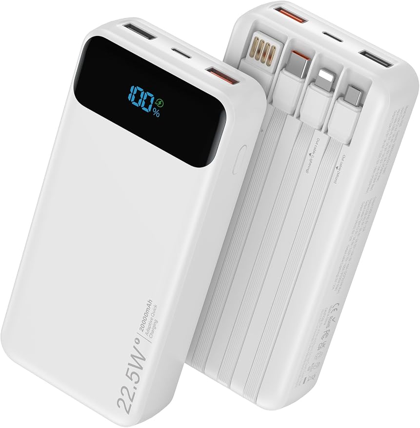 Nusyddy Portable Charger 20000mAh 22.5W w/4 Built-in Cables/6 Outputs White | 22.5W Fast Charging, LED Display, Pass Through Charging, Charge 6 Devices at once, TSA Approved, Fits iPhone, iPad, Samsung by NUSYDDY