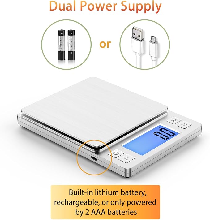 BOMATA Upgraded Small Food Scale with 0.1 g/0.001 oz High Precision | 3000 g/6.6 lb, New Hold Function, Larger Display, USB Rechargeable, Digital Kitchen Scale for Small Item, Jewelry. Sliver - Image 3