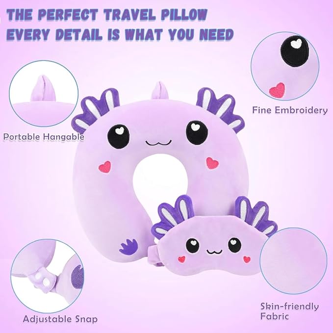 Travel Pillow, Kids Travel Pillow with Sleep Eye Mask Soft Memory Foam Kids Neck Pillow for Boys & Girls, Travel Accessories for Car Airplane Traveling - Purple Axolotl - Image 5