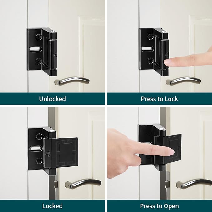 High-Security Reinforced Door Lock – Aluminum Privacy Latch for Home and Hotel, Easy Installation with Stainless Steel Screws, Interior Night Lock for Added Protection (Black-2 Pack) - Image 3