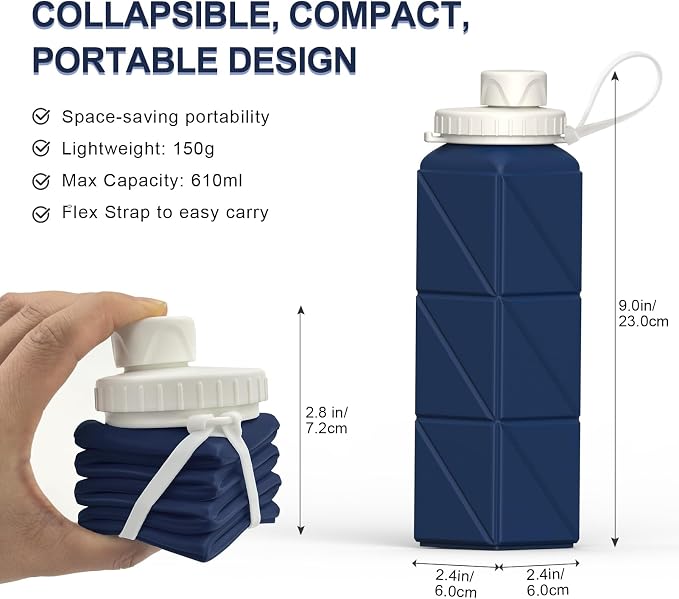 Collapsible Water Bottles 2 Pack, 21oz/610mL, Silicone Travel Water Bottle | BPA Free, Leakproof & Reusable, Foldable Portable Water Bottle for Traveling, Hiking, School, Sports, Outdoor (Blue+Darkblue) - Image 3