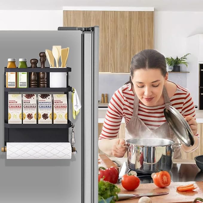Magnetic Spice Rack for Refrigerator Magnetic Paper Towel Holder for Fridge Magnetic Shelf Magnetic Shelves Fridge Magnet Organizer Spice Rack Kitchen Organization Kitchen Storage Black - Image 4
