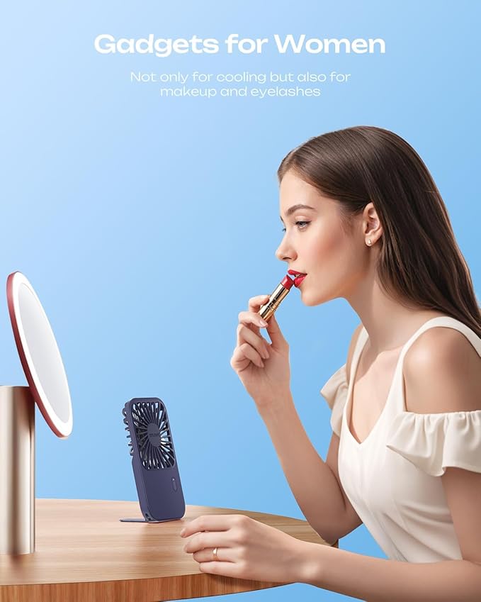 Otlonpe Rechargeable Mini Portable Handheld Fan, Small Personal Battery Powered Handheld Portable Fans for Hand Held Desktop Travel, Foldable Stand, Slim Cordless, Wrist Strap, 3-Speed (Blue) - Image 6