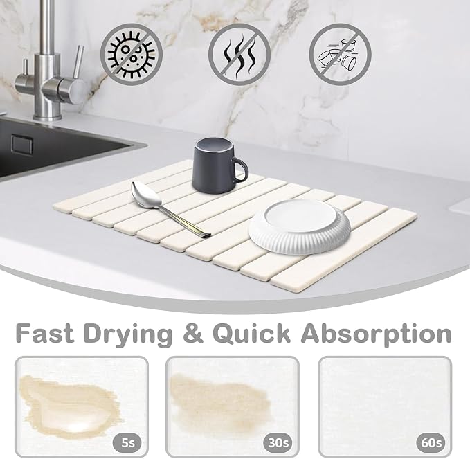 Large Stone Dish Drying Mats for Kitchen Counter, Quick Drying Collapsible Dish Drying Mat, Eco-Friendly Absorbent Diatomaceous Earth Mats for Dishes Cups, Match Any Countertop (White 24"×16" & 8"x4") - Image 2