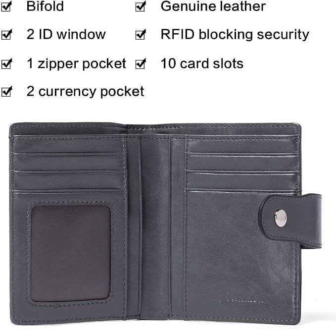 BOSTANTEN Leather Womens Wallet Small RFID Blocking Credit Card Holder | Removable ID Window, Zipper Coin Pocket, Bifold, Minimalist, Fits Small Purses, Daily Use, Ladies Gifts, Deep Grey - Image 3