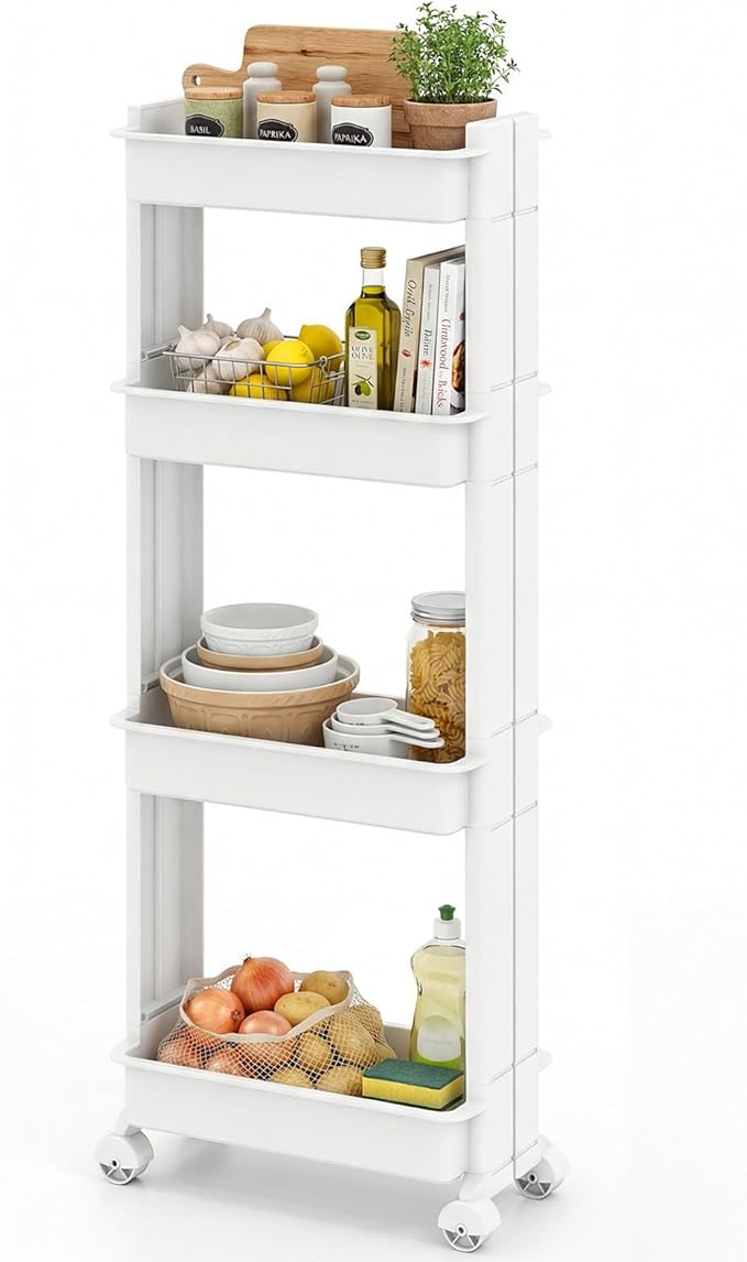 Giantex 4-Tier Slim Rolling Storage Cart, 9" W Narrow Slide Out Plastic Organizer Rack with Wheels, Mobile Utility Cart w/Shelving Unit for Kitchen, Bathroom, Office, Laundry Room by Giantex