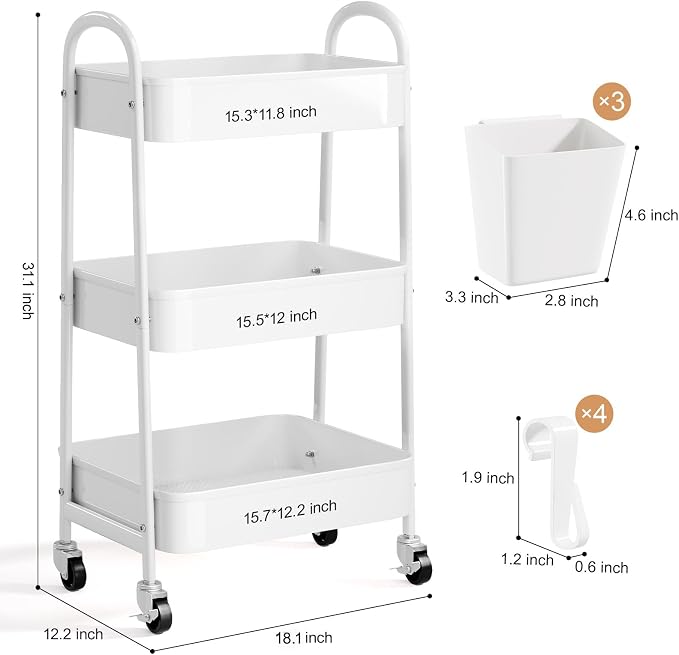 3 Tier Heavy Duty White Metal Rolling Cart with Lockable Wheels,Roller Cart | Three Tier Book Snack Cart, Utility Storage Organizer Carts for Kitchen, Bathroom, Garage, Baby Diaper, Craft, Art, Teacher - Image 9