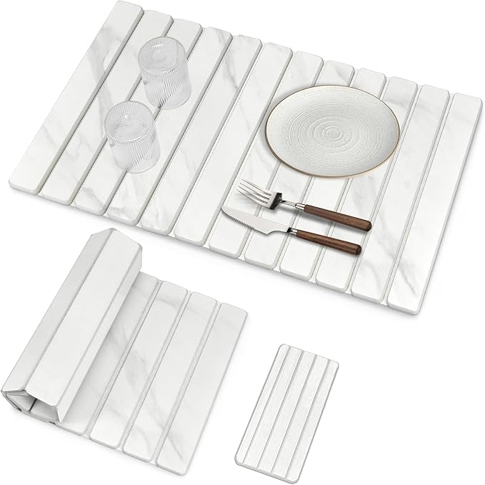 2 PCS Large Stone Dish Drying Mat for Kitchen Counter, 28"×16" Marble Dish Drying Mat with 8"x 4" Coasters, Non - Slip Collapsible Absorbent Mat for Multi - Purpose, Match Any Countertop【White】 by tdcokhe