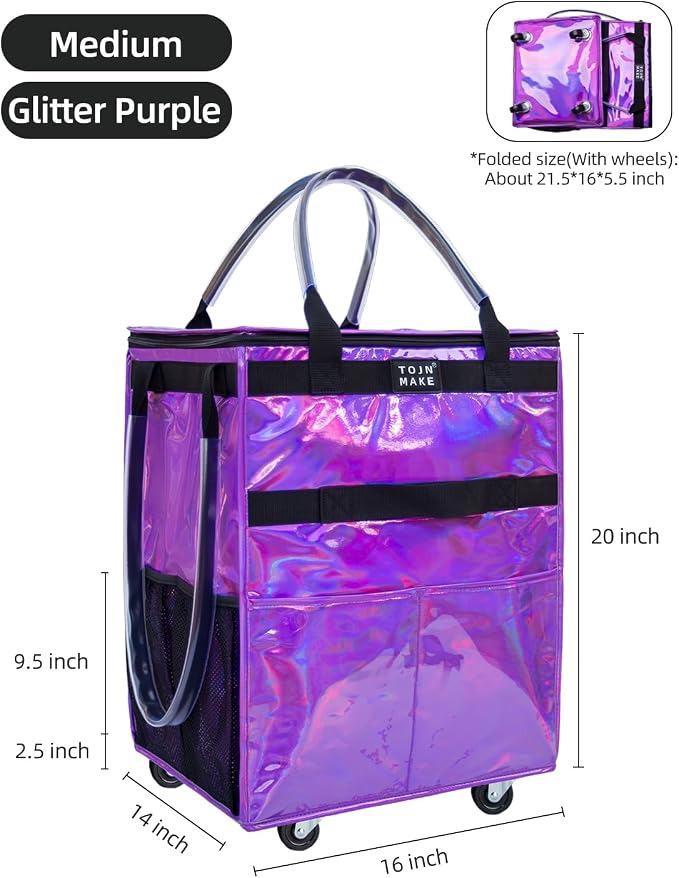 Reusable Grocery Bag with Wheels, Medium Glitter Purple Rolling Tote - Image 3