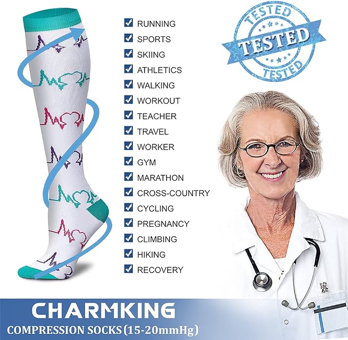 CHARMKING Compression Socks for Women & Men Circulation (8 Pairs) 15-20 mmHg Best Calf Socks Support for Athletic Cycling - Image 5