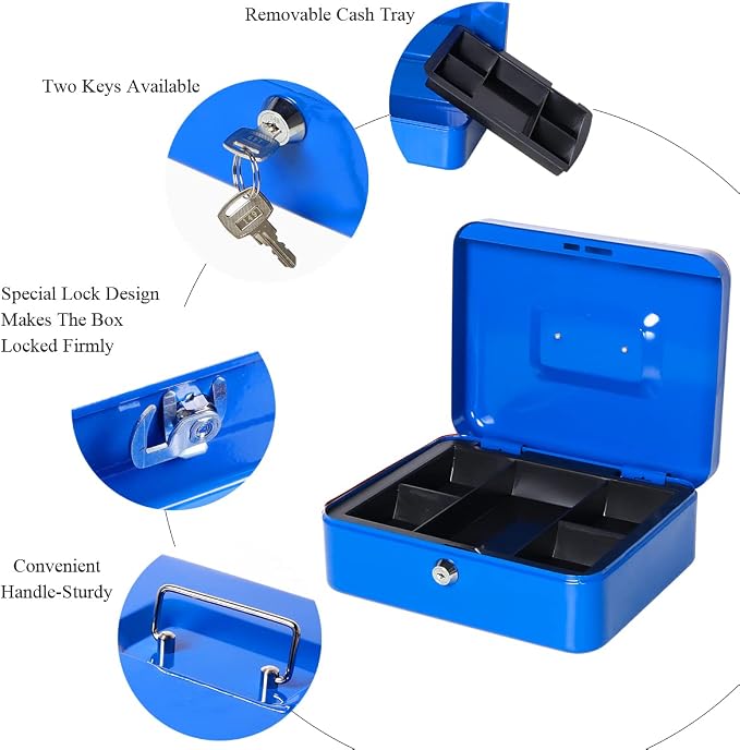 Jssmst Cash Box with Tray - Cash Box with Key Lock Safe Money Box with Cash Tray, Money Saving Box Lock Box for Money, 9.84'' x 7.87'' x 2.6'', Blue - Image 3