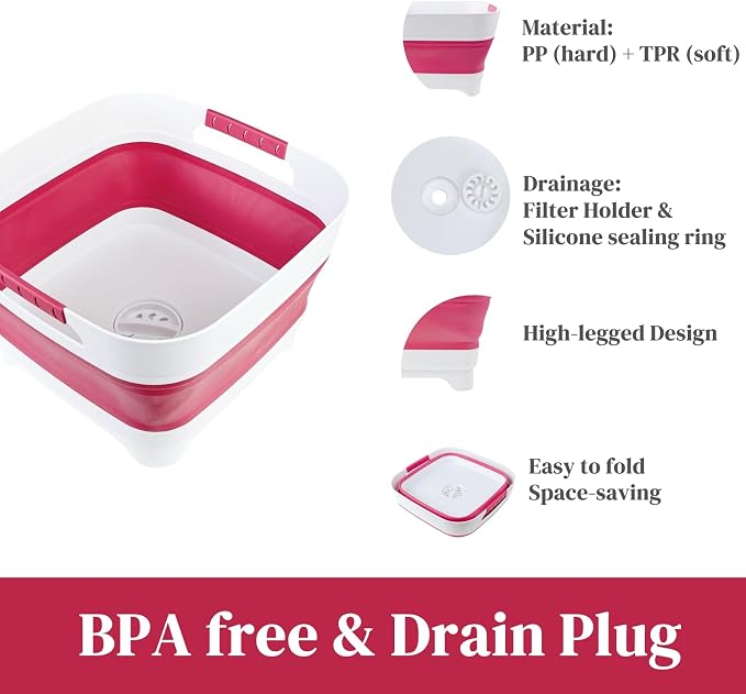 2.6 Gal(10L) Collapsible Camping Sink, Magenta Space-Saving Collapsible Dish Basin with Drain Plug for bottle washing, Collapsible Bucket for RV Essentials and Foot Soaking - Image 3