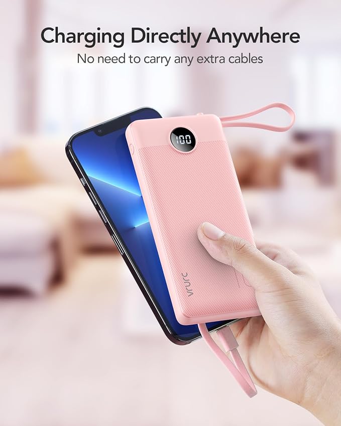 VRURC Portable Charger Power Bank, Built-in 4 Cables & 2 Ports,10000mAh Slim Battery Pack with LED Display, Travel Essential USB C Portable Phone Charger for All Cell Phones Devices-Pink(1 Pack) - Image 8