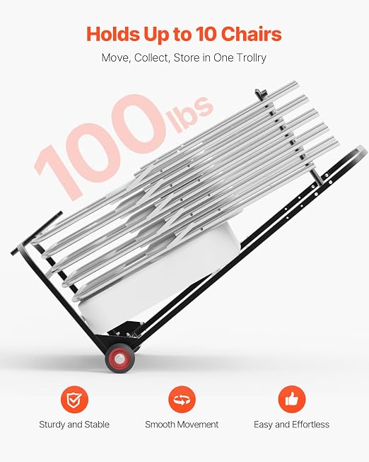 VEVOR Folding Chair Rack, 100 LBS Capacity, Heavy-Duty Chair Cart for Hanging 10 Chairs, Multi-Function Metal Chair Storage Dolly with Rubber Wheels, Push-Style Chair Holder, Matte Black - Image 2