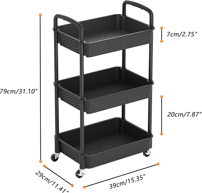 MOYIPIN 3-Tier Plastic Rolling Utility Cart with Handle,Black | Utility Storage Cart for Office, Living Room, Kitchen,Movable Storage Organizer，Easy installation，Rattan-like art design - Image 2