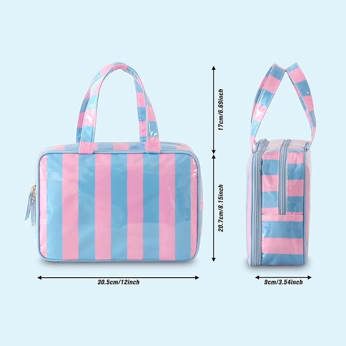 Toiletry Bag for Women, Pink and Blue Stripe | Clear Coated,Waterproof,Multiple Compartment,Open Flat,Handle,Travel Organizer for Shampoo,Conditioner,Cosmetic Accessories - Image 4